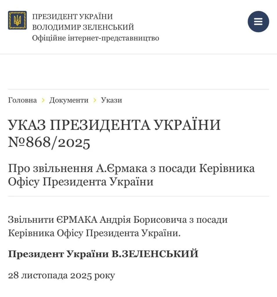 Зеленський підтвердив відставку Єрмака з Офісу президента