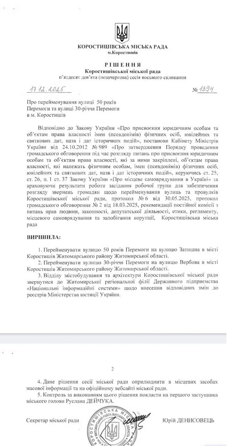 У Коростишеві дві вулиці отримали нові назви — Затишна та Вербова