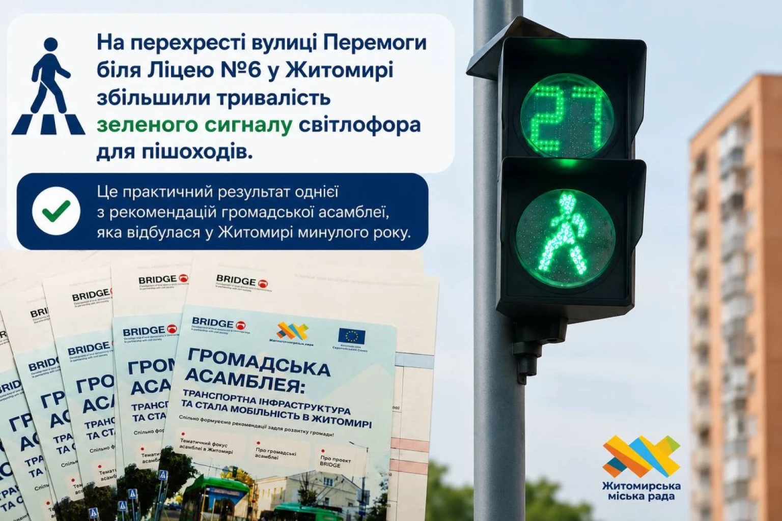 Безпека маломобільних містян: у Житомирі змінили інтервал світлофора біля Ліцею №6